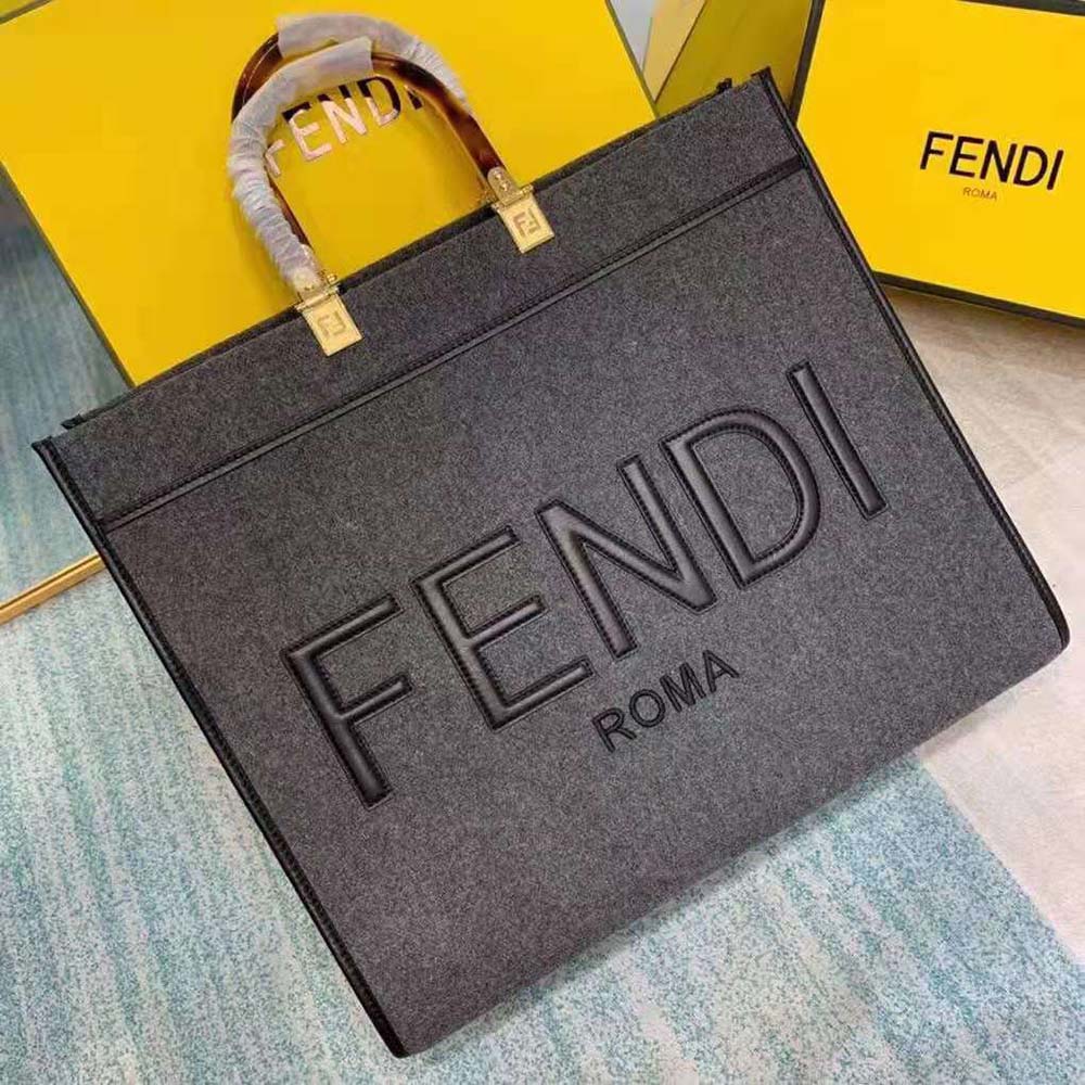 Close-up of silver hardware on Fendi Sunshine Large Gray Flannel Shopper