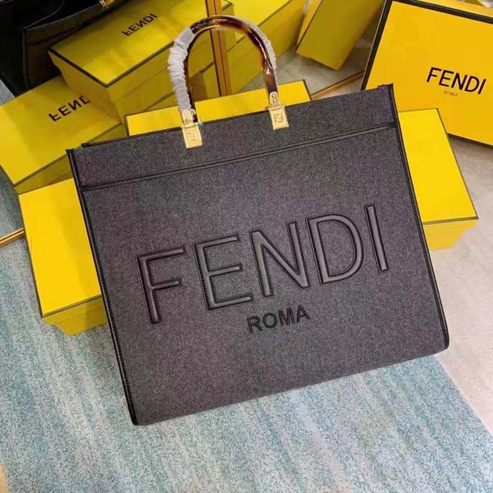 Side angle showing spacious interior of Fendi Sunshine Large Gray Flannel Shopper