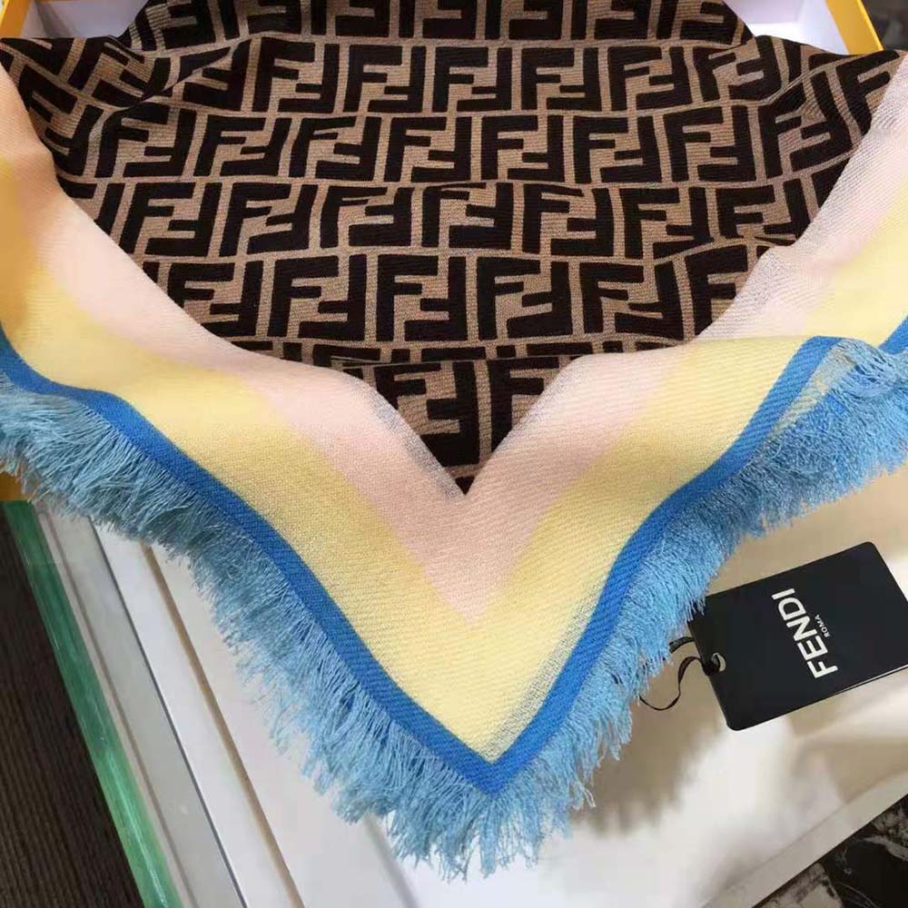 Close-up of Fendi Women Foulard FF Multicolor Silk Foulard silk texture and FF motif