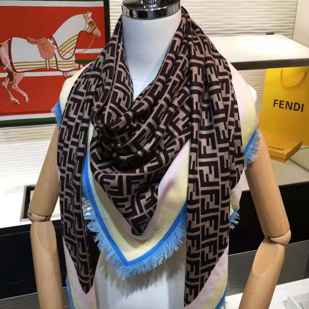 Styled shot of Fendi Women Foulard FF Multicolor Silk Foulard tied on neck