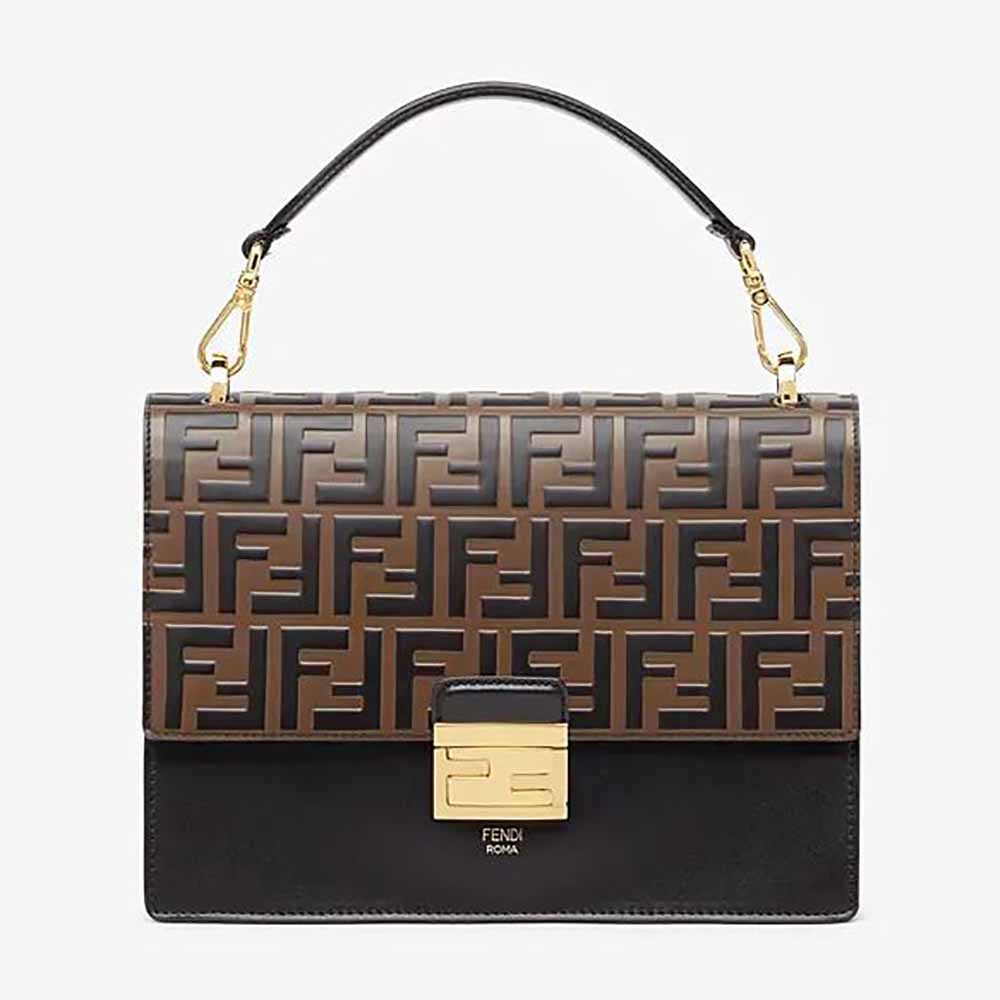 Front view of Fendi Women Kan U Black Leather Bag in brown leather