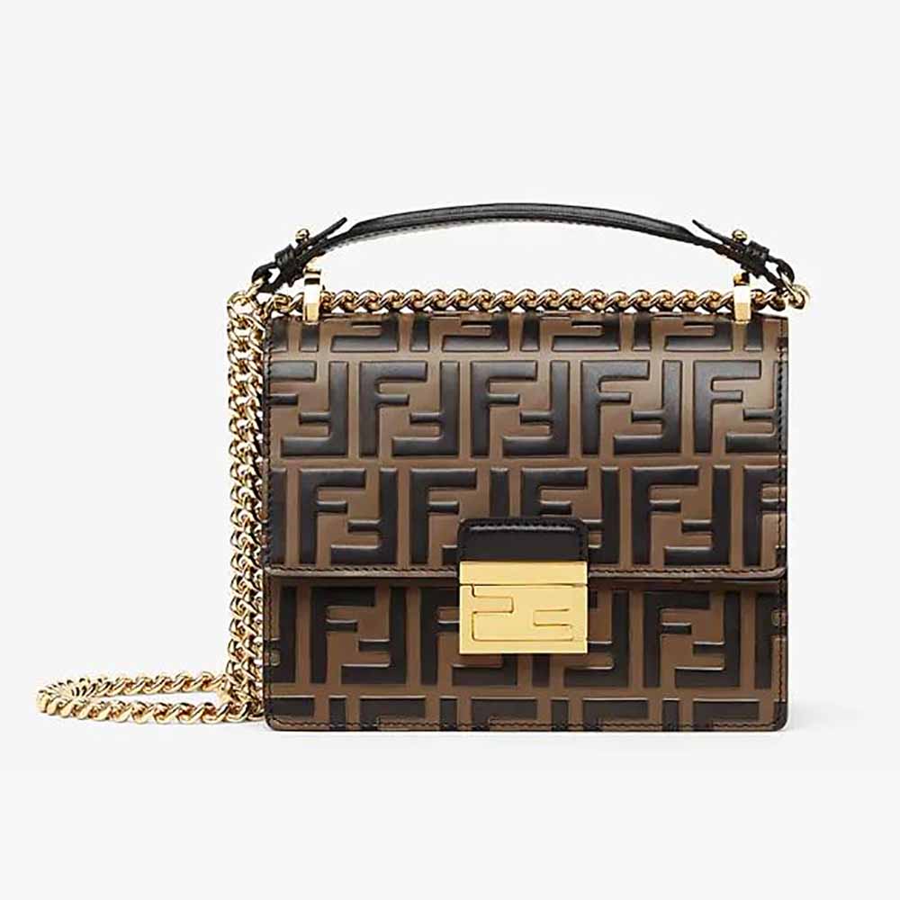Front angle of Fendi Women Kan U Small Brown Leather Mini-Bag showing flap