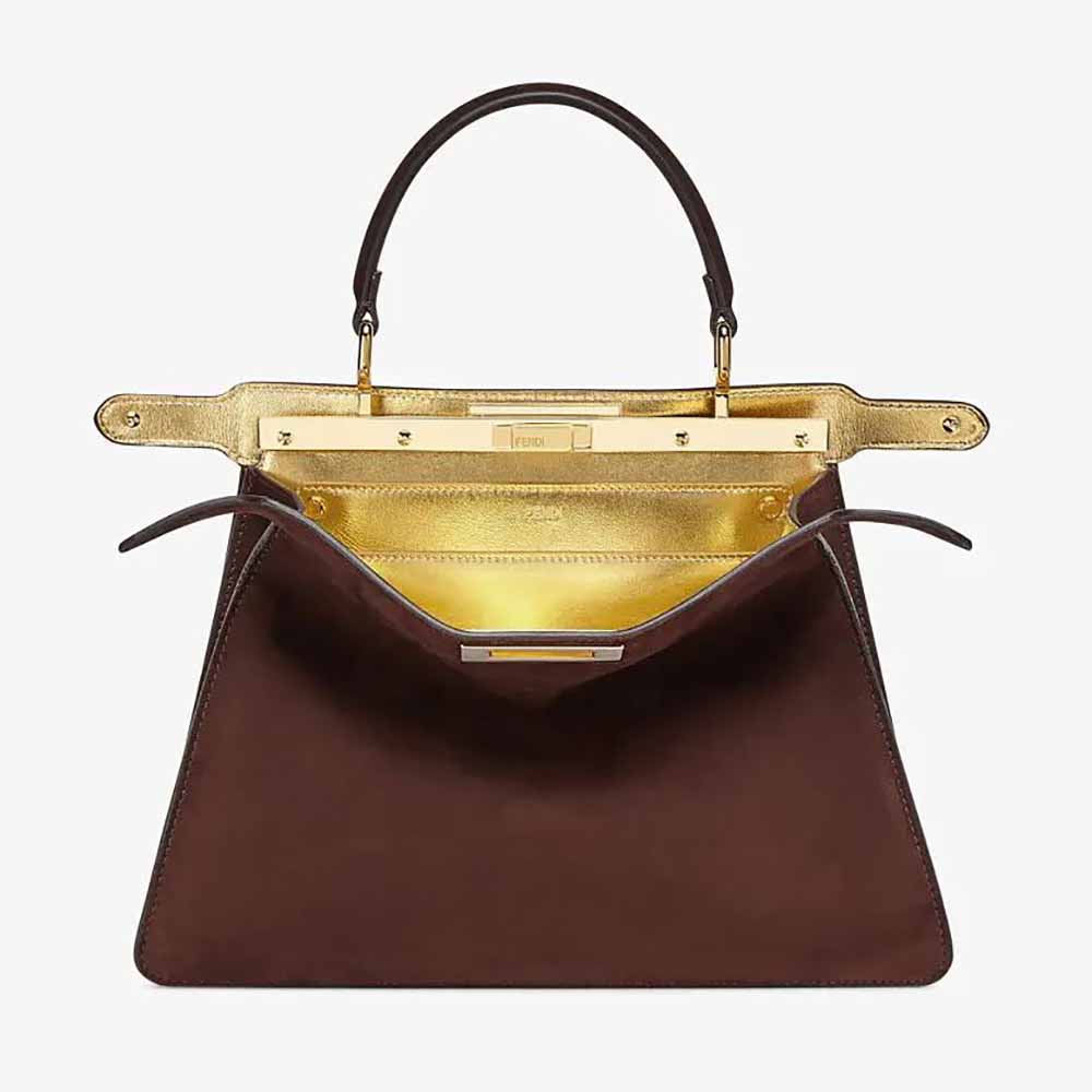 Front view of Fendi Women Medium Peekaboo I See U Brown Suede Bag showcasing closure