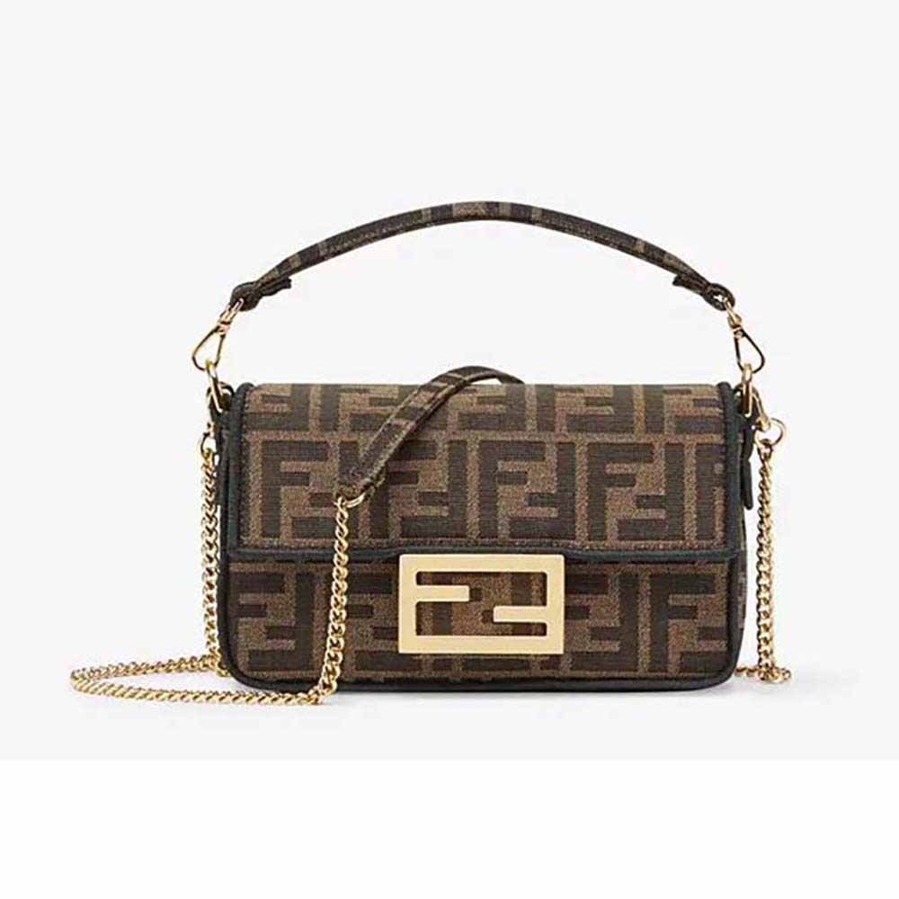 Front view of Fendi Women Mini Baguette Brown Fabric Bag with flap closed