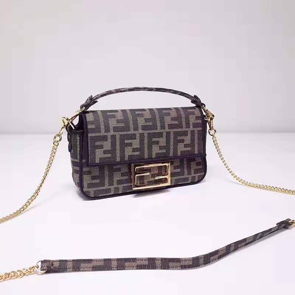 Side angle showing compact silhouette of Fendi Women Mini Baguette Brown Fabric Bag