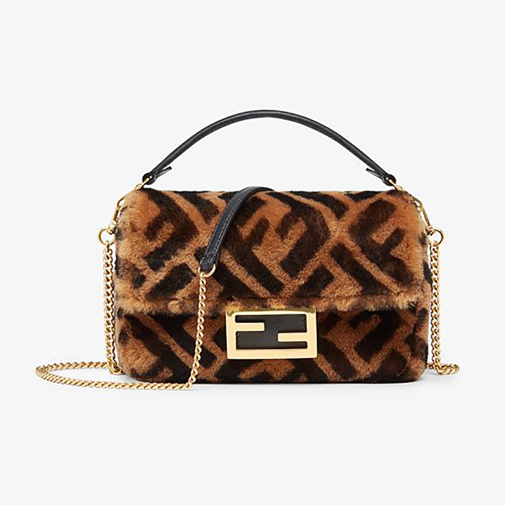 Front view of Fendi Women Mini Baguette Brown Sheepskin Bag showcasing clasp
