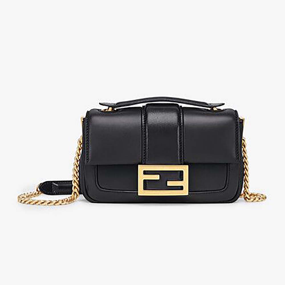 Front view of Fendi Women Mini Baguette Chain Black Nappa Leather Bag