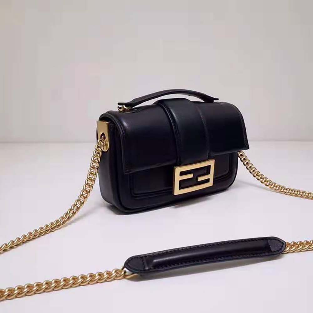 Side angle showing silhouette of Fendi Women Mini Baguette Chain Black Nappa Leather Bag