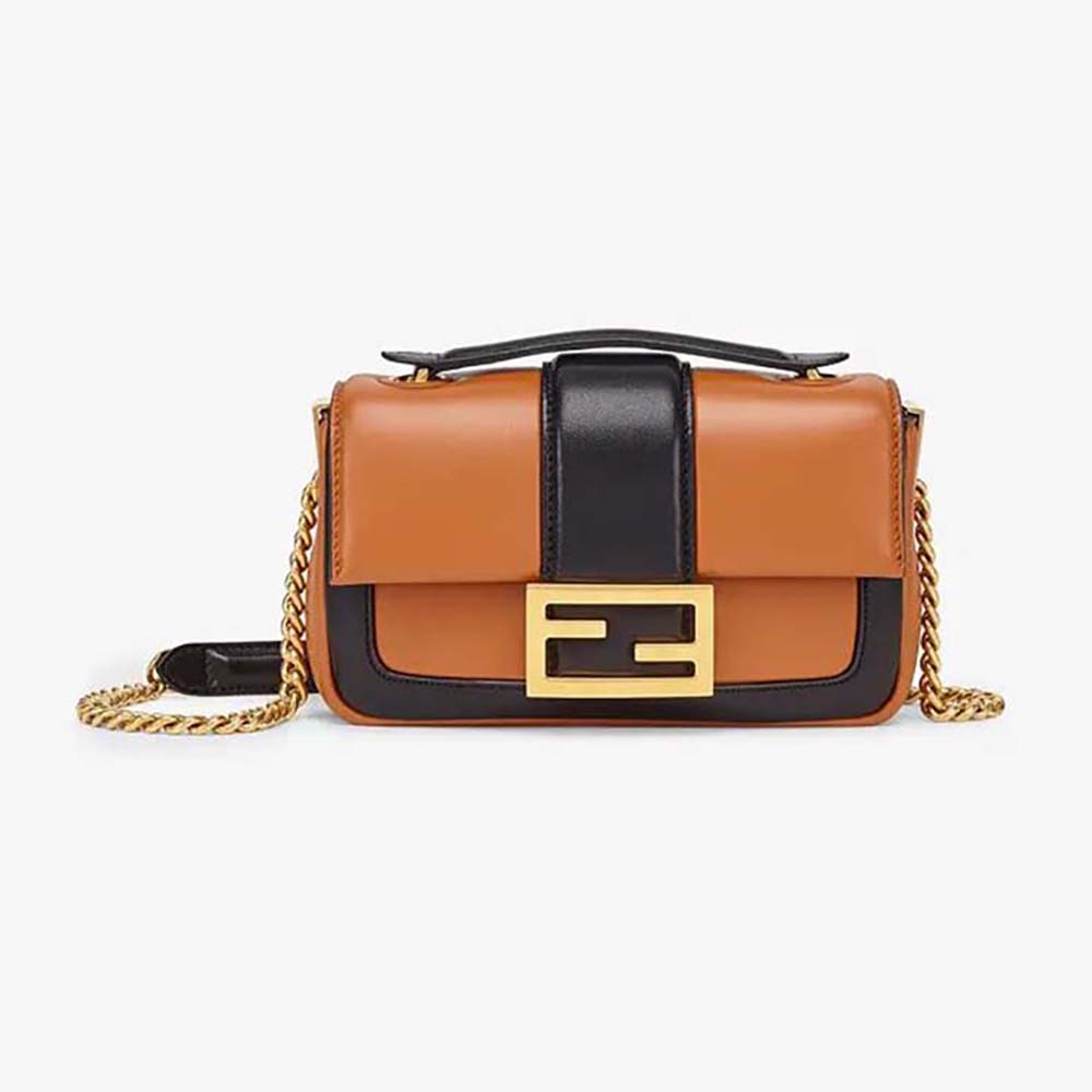 Front view of Fendi Women Mini Baguette Chain Brown and Black Nappa Leather Bag