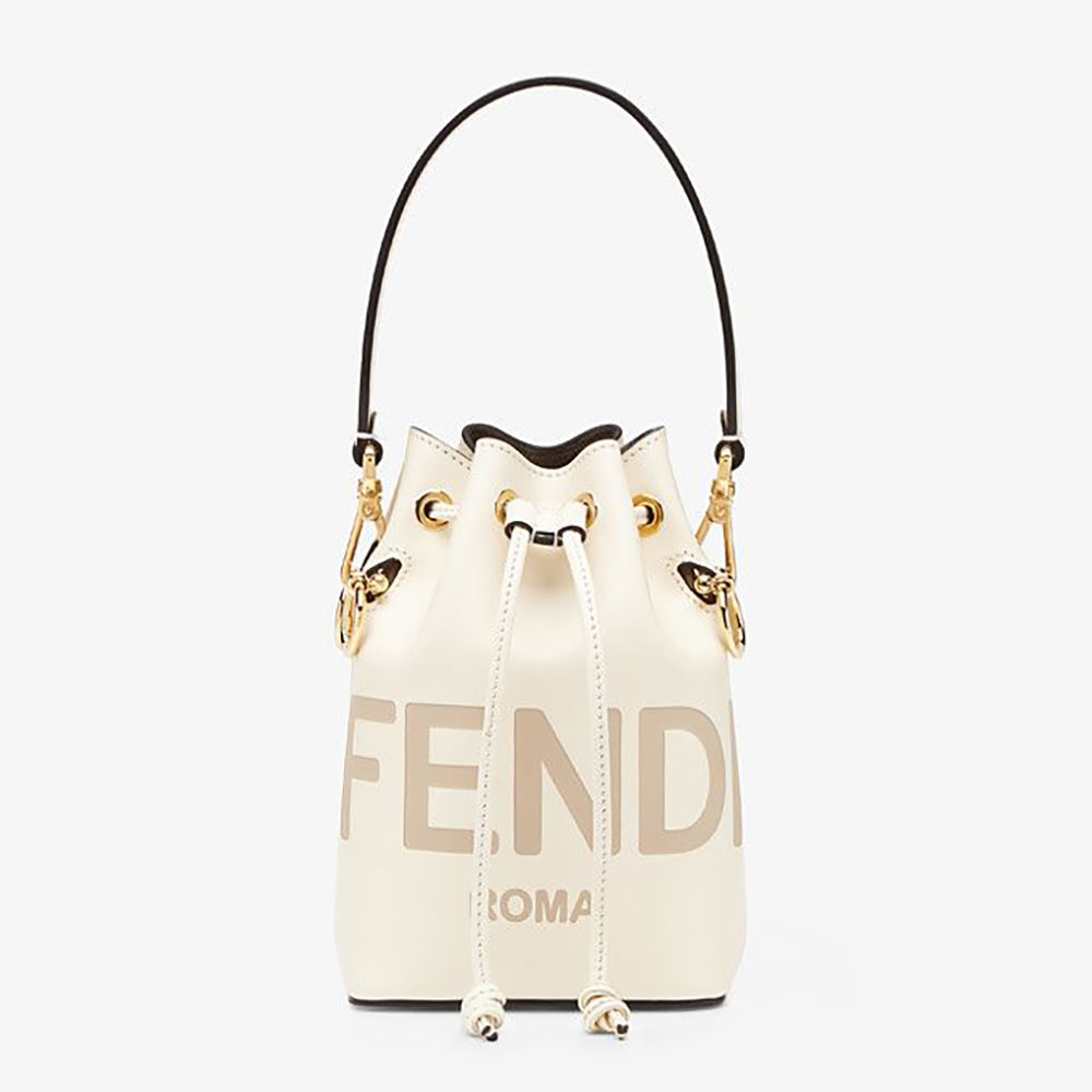 Front view of Fendi Women Mon Tresor Leather Mini Bag-White showing flap and logo