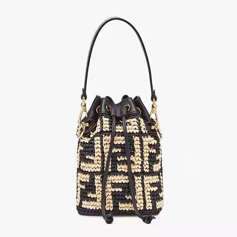 Front view of Fendi Women Mon Tresor Raffia Mini-Bag-Black with logo clasp