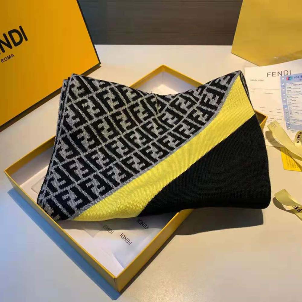 Close-up of Fendi embroidery detail on Multicolor Wool Scarf-Yellow