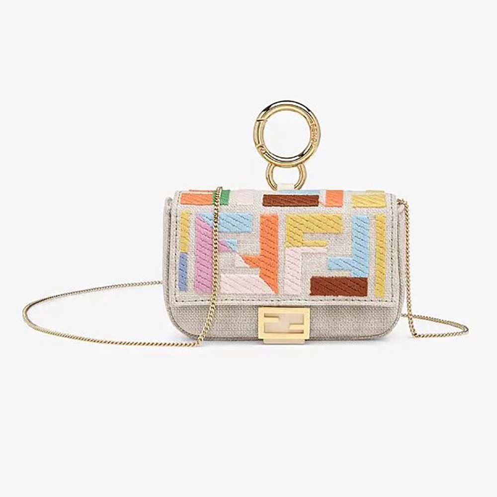 Front angle of Fendi Women Nano Baguette Charm Beige Canvas Charm
