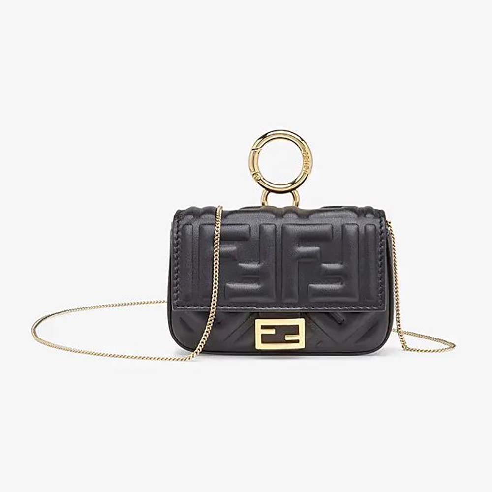 Front view of Fendi Women Nano Baguette Charm Black Nappa Leather Charm