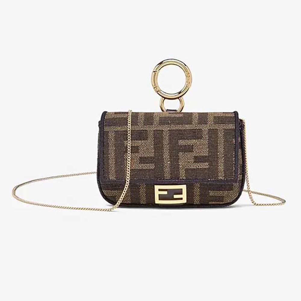 Front view of Fendi Women Nano Baguette Charm Brown Fabric Charm
