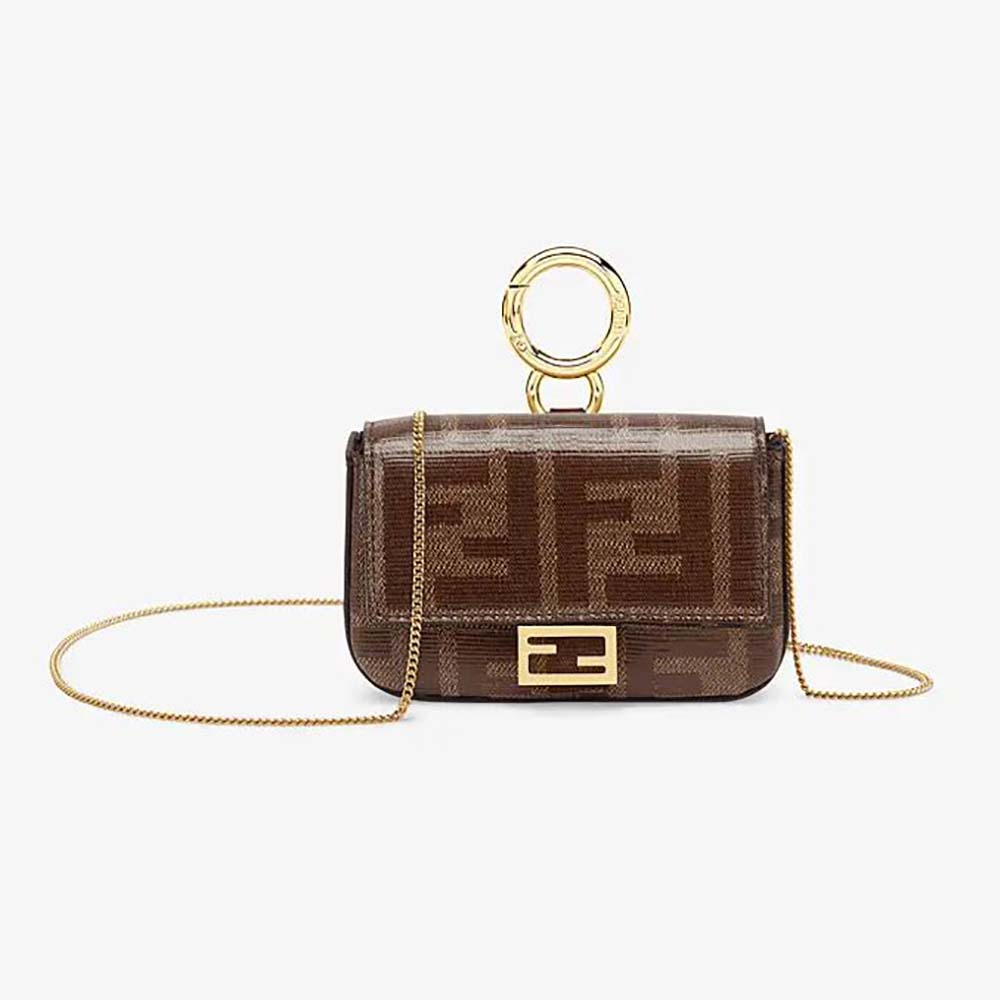 Front view of Fendi Women Nano Baguette Charm Fabric Charm-Brown