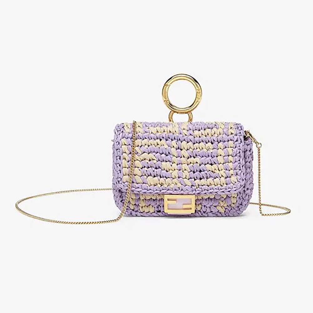 Front view of Fendi Women Nano Baguette Charm Lilac Raffia Charm with gold hardware