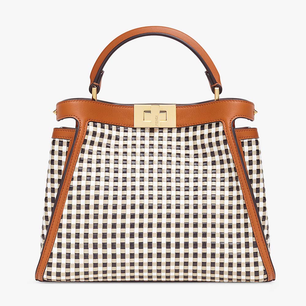 Front view of Fendi Women Peekaboo Iconic Essentially Check Interlace Bag-Brown in blue leather