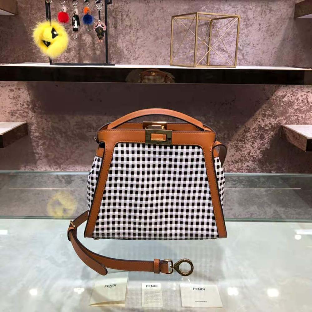 Close-up of signature check interlace detail on Fendi Women Peekaboo Iconic Essentially Check Interlace Bag-Brown