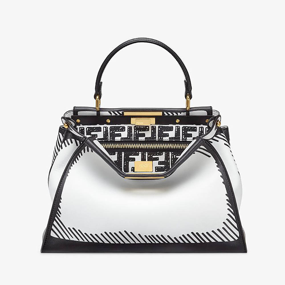 Front angle of Fendi Women Peekaboo Iconic Medium White Leather FF Print Bag