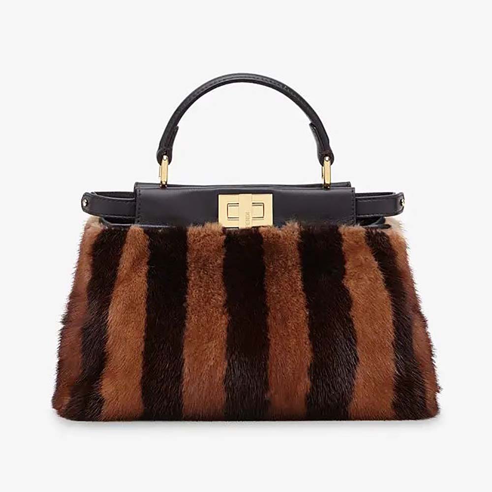Front view of Fendi Women Peekaboo Iconic Mini Black Mink Bag with gold clasp
