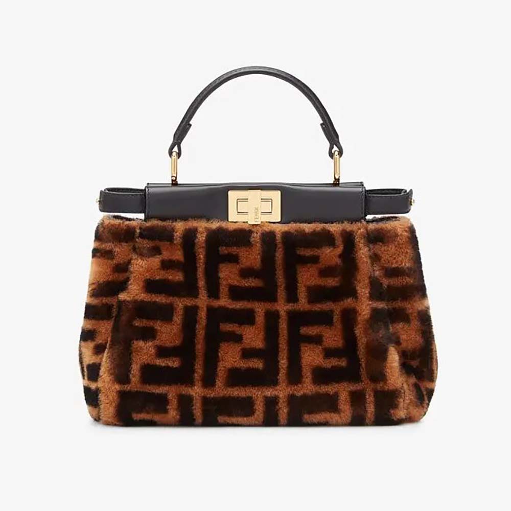 Front view of Fendi Women Peekaboo Iconic Mini Brown Sheepskin Bag