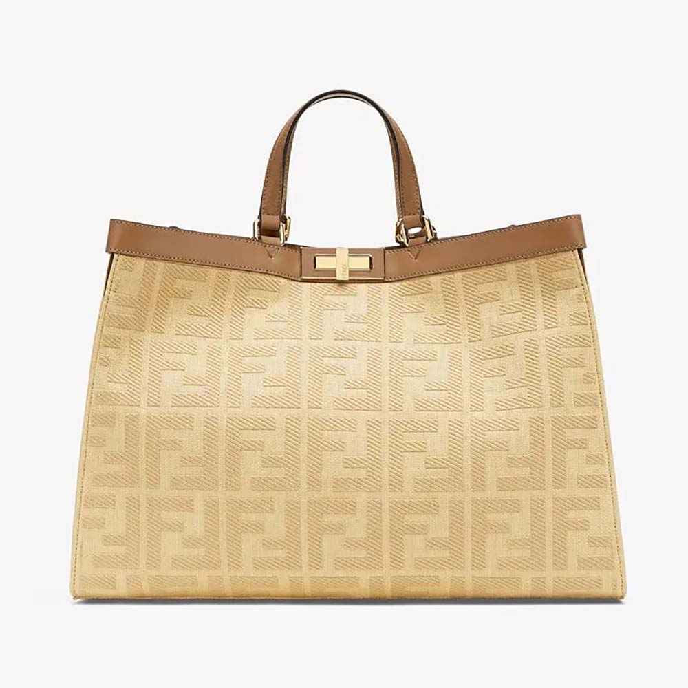 Front view of Fendi Women Peekaboo X-Tote Beige Canvas Bag with flap closed
