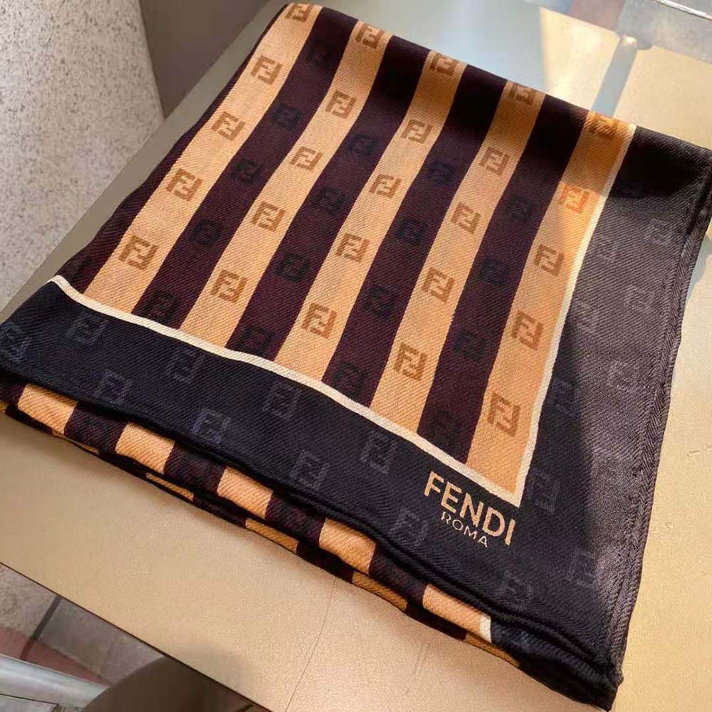 Close-up detail of the Pequin stripe on Fendi Women Pequin Foulard Brown Silk Foulard