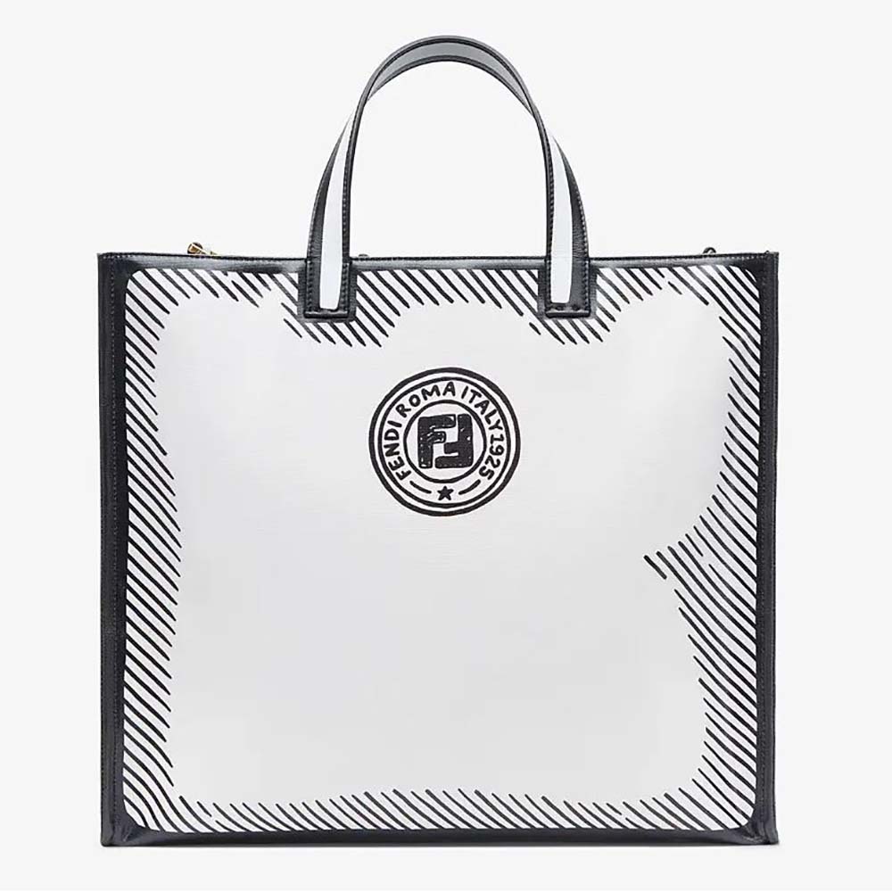 Front view of Fendi Women Shopper White Glazed Canvas Bag with gold hardware