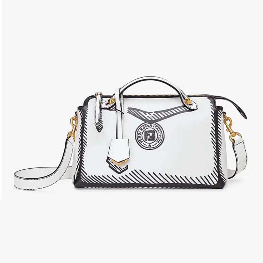 Front view of Fendi Women by the way Medium White Leather Printed Boston Bag