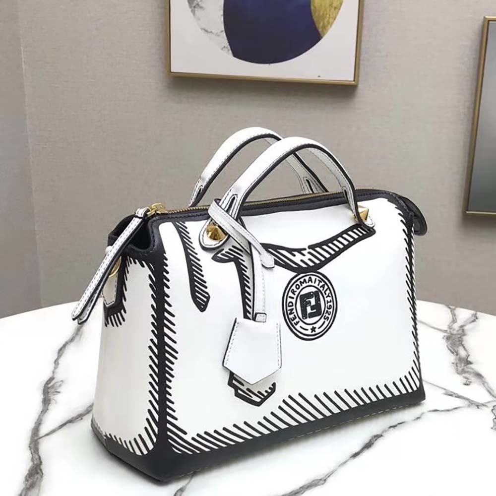 Side angle of Fendi Women by the way Medium White Leather Printed Boston Bag with silver hardware