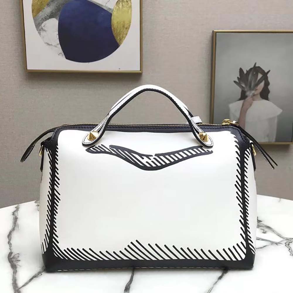 Fendi Women by the way Medium White Leather Printed Boston Bag - image 4
