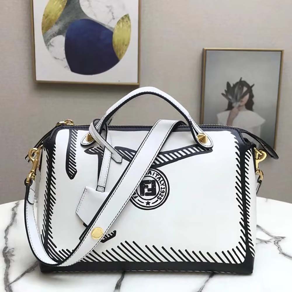 Fendi Women by the way Medium White Leather Printed Boston Bag - image 5