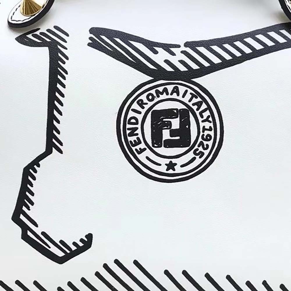 Fendi Women by the way Medium White Leather Printed Boston Bag - image 7