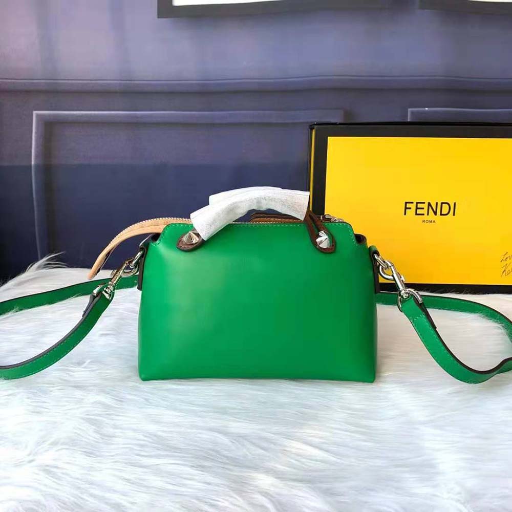 Side angle showcasing structured silhouette of Fendi Mini Multicolor Leather Boston Bag-Green