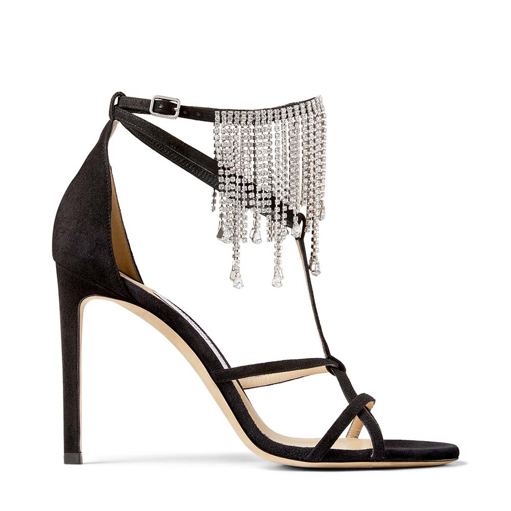 Side view of Jimmy Choo Women Bijou 100 Black Suede Sandals with Crystal Drape
