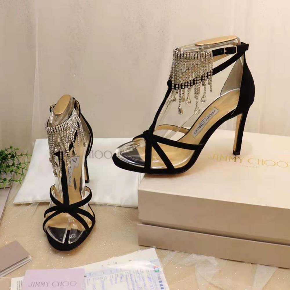 Close-up detail of crystal drape on Jimmy Choo Women Bijou 100 sandals