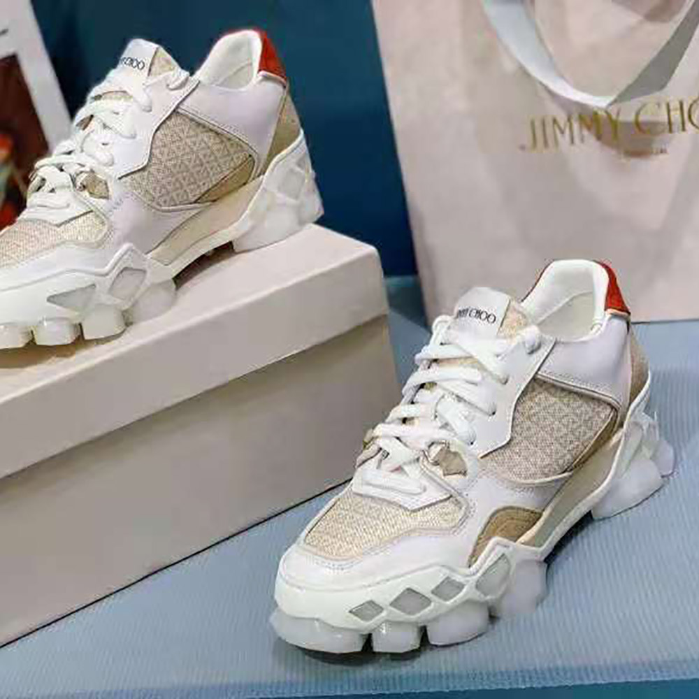 Close-up of diamond crystal detail on Jimmy Choo white trainers