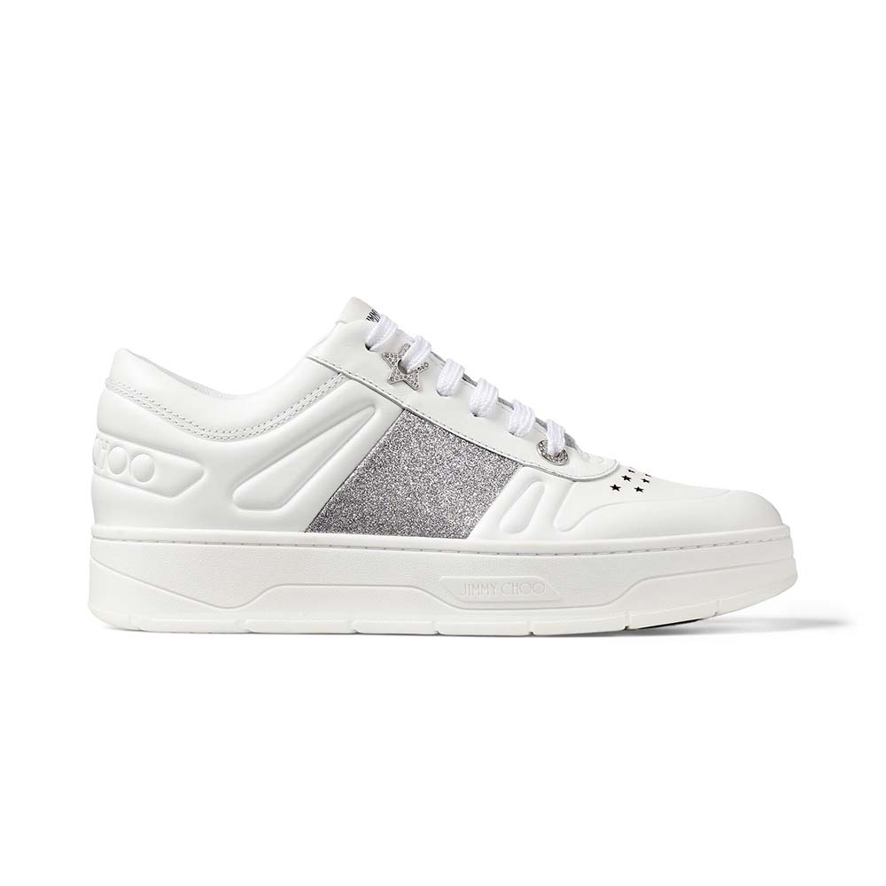 Side profile of Jimmy Choo Women Hawaii F White Calf Leather Lace-Up Trainers with Glitter Stripe