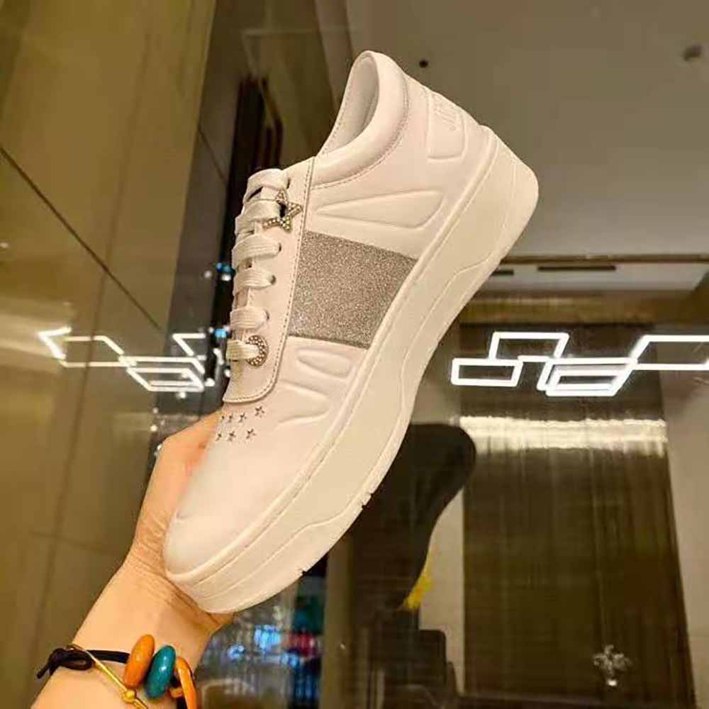 Jimmy Choo Women Hawaii F White Calf Leather Lace-Up Trainers with Glitter Stripe - image 4