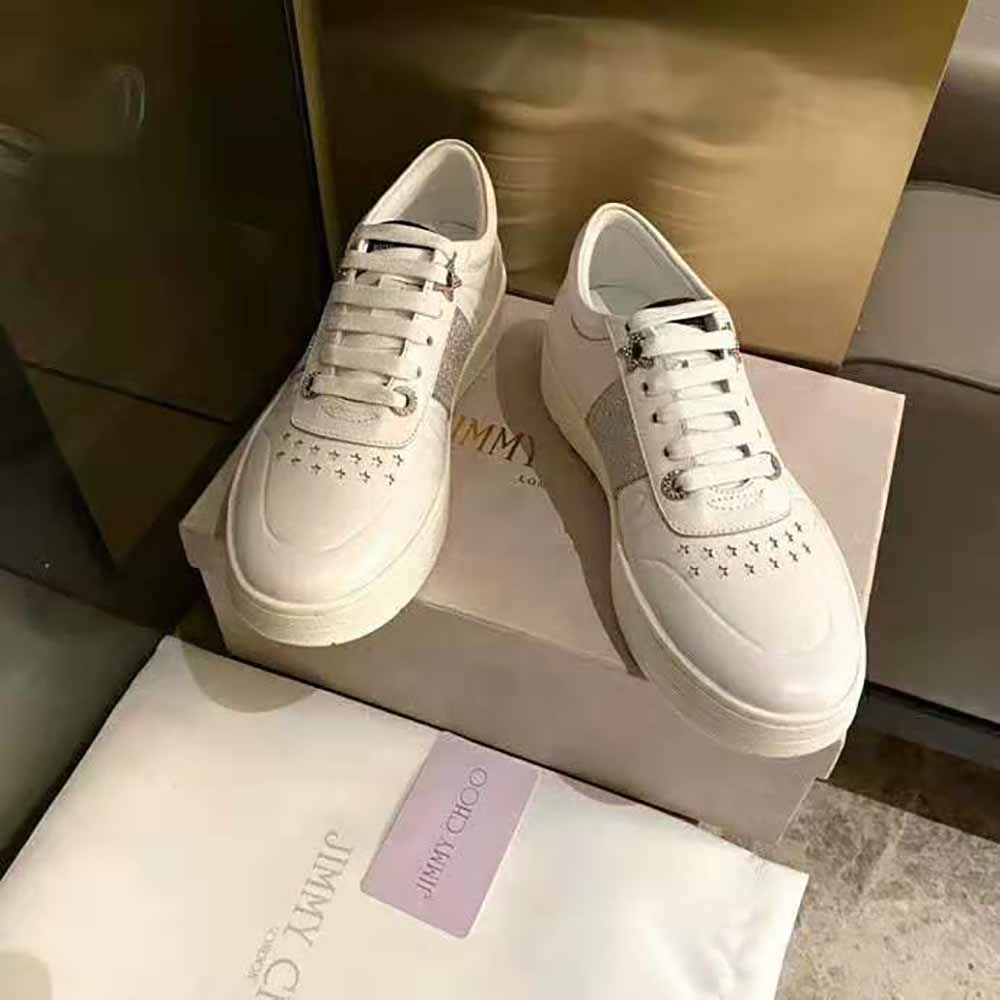 Jimmy Choo Women Hawaii F White Calf Leather Lace-Up Trainers with Glitter Stripe - image 8