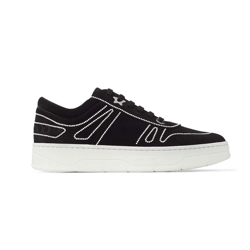Side profile of Jimmy Choo Women Hawaii/F Black Suede Sneakers with pearl detailing