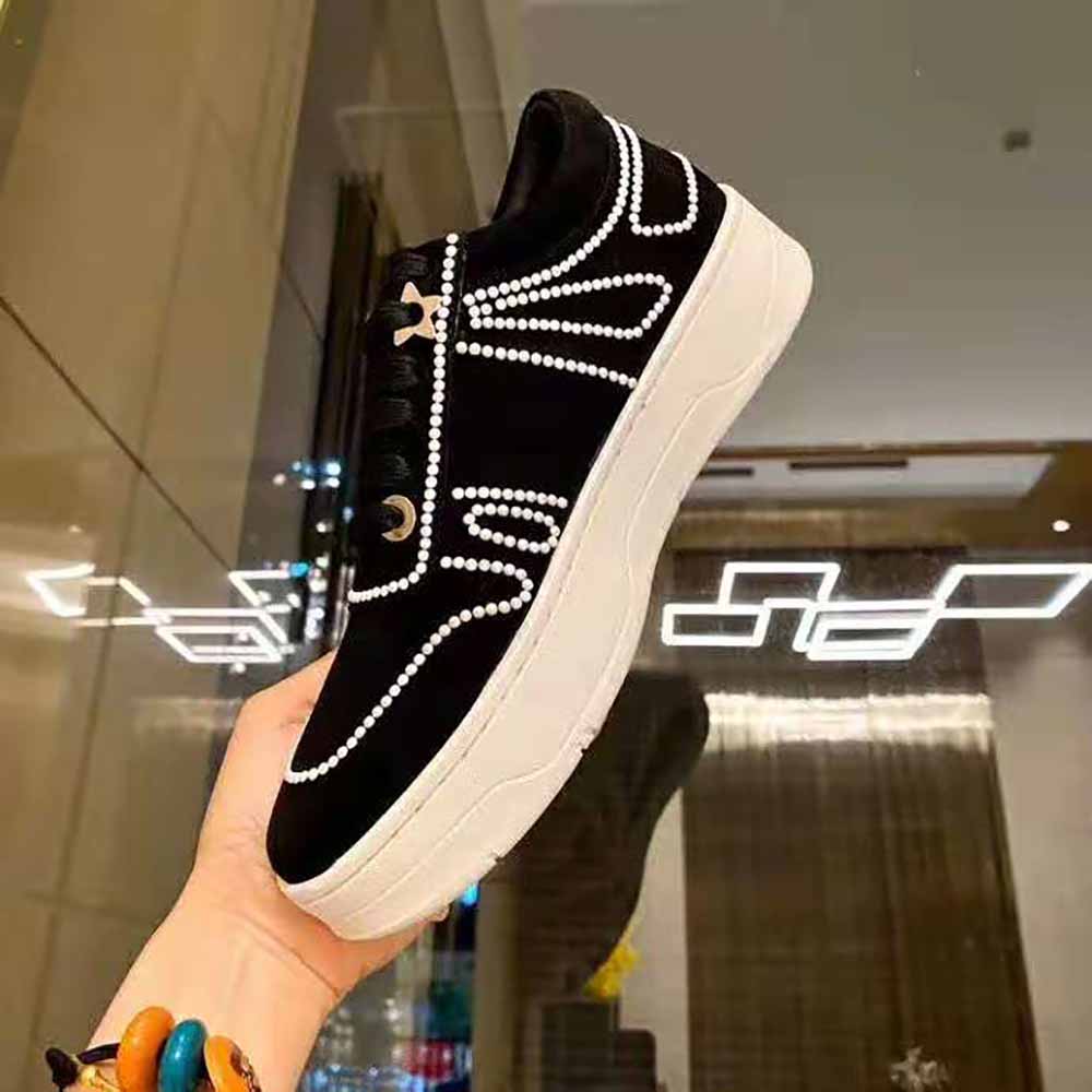 Jimmy Choo Women Hawaii/F Black Suede Lace-Up Sneakers with Pearl Detailing - image 4