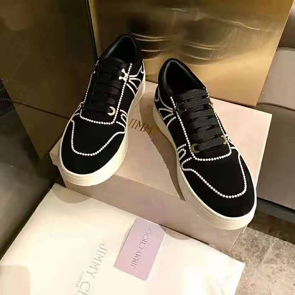 Jimmy Choo Women Hawaii/F Black Suede Lace-Up Sneakers with Pearl Detailing - image 7