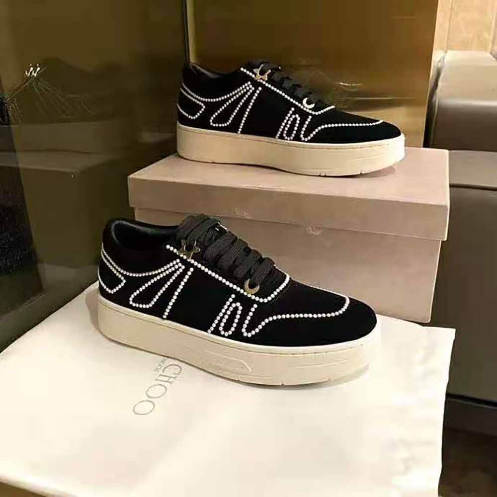 Jimmy Choo Women Hawaii/F Black Suede Lace-Up Sneakers with Pearl Detailing - image 8