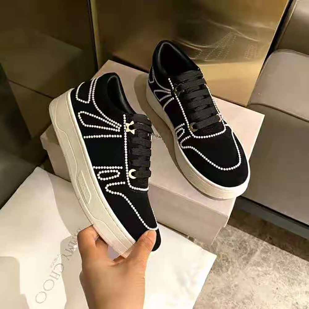 Jimmy Choo Women Hawaii/F Black Suede Lace-Up Sneakers with Pearl Detailing - image 9