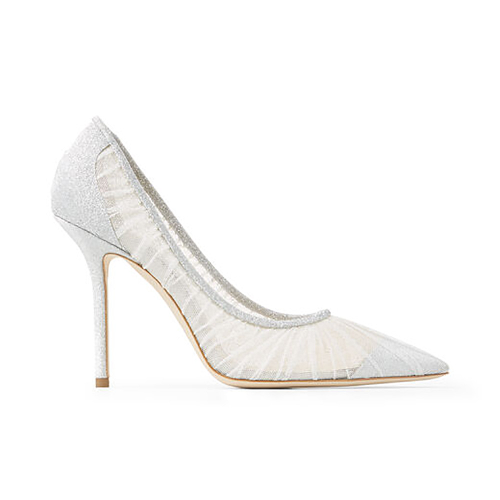 Side view of Jimmy Choo Women Love 100 Metallic Silver Glitter Fabric Pumps with Ivory Tulle Overlay