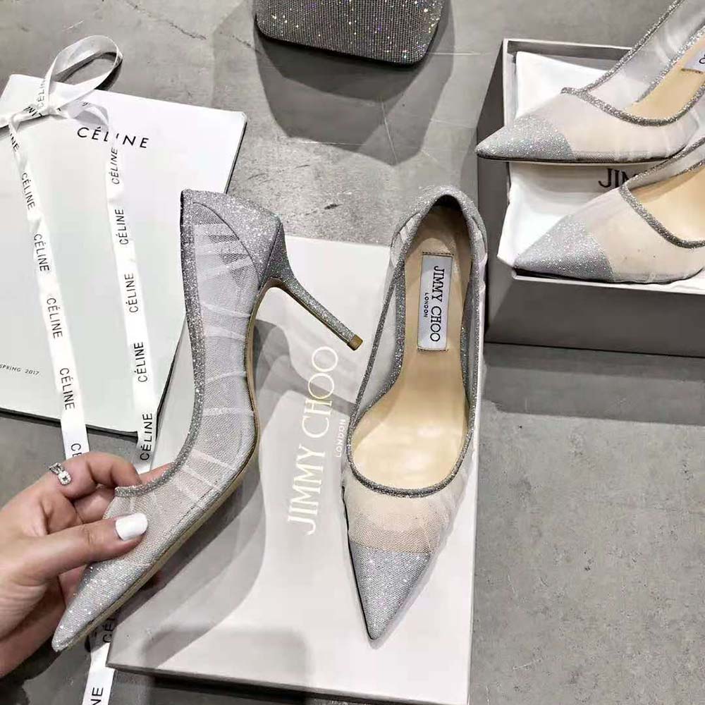 Jimmy Choo Women Love 100 Metallic Silver Glitter Fabric Pumps with Ivory Tulle Overlay - image 4