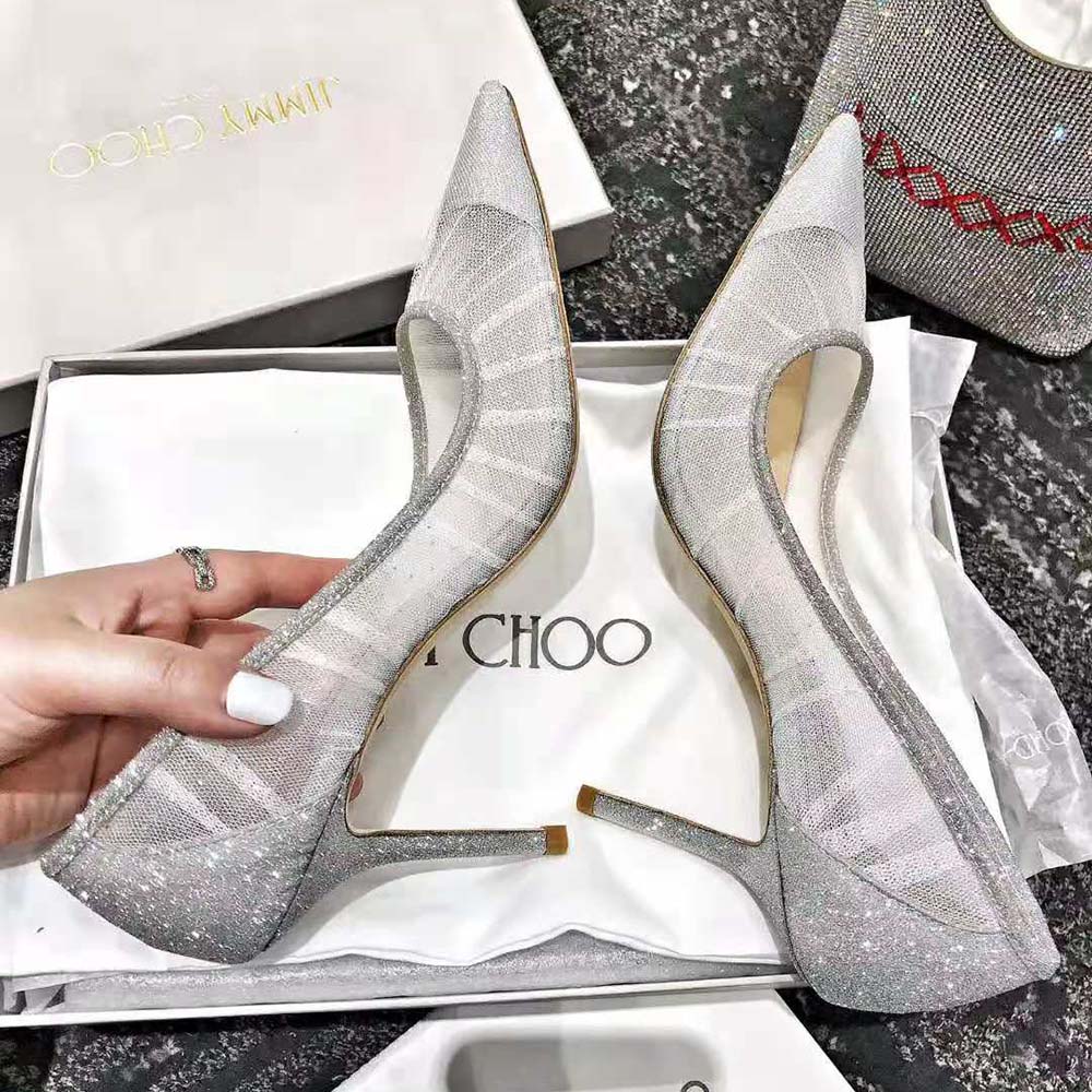 Jimmy Choo Women Love 100 Metallic Silver Glitter Fabric Pumps with Ivory Tulle Overlay - image 5