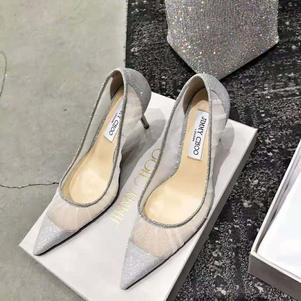Jimmy Choo Women Love 100 Metallic Silver Glitter Fabric Pumps with Ivory Tulle Overlay - image 6